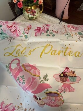 Let's Partea Pink Floral Tea Party Backdrop Balloons and Banner